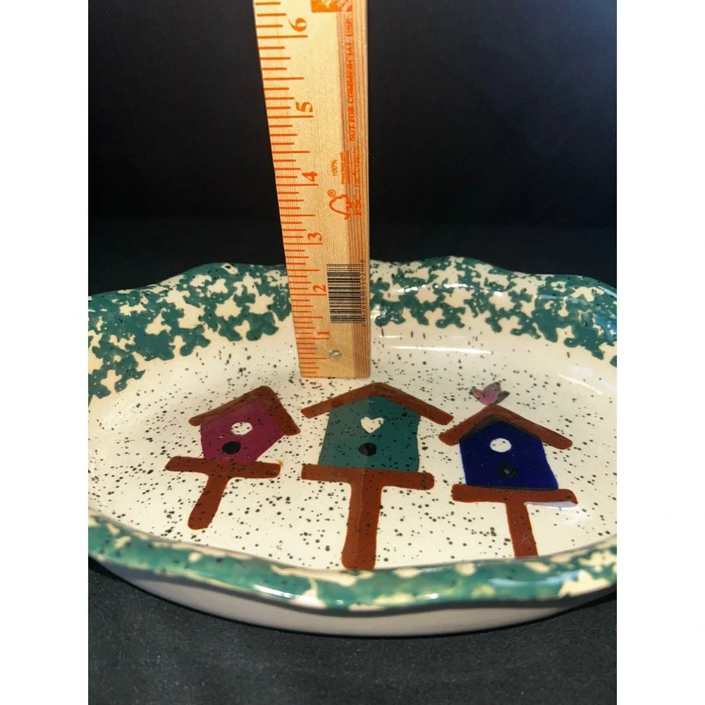 Gibson Design Oval Ceramic Pie‎ Plate Green Speckled Trim Three Birdhouses Decor
